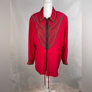 Bob Mackie Wearable Art Full Zip/Drawstring Embroidered Silk Jacket Size 1X Red